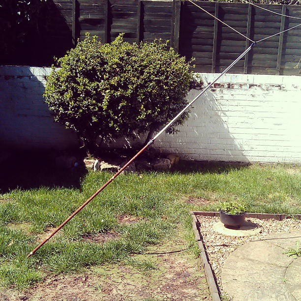 yard with patchy grass diagonally intersected by pole, suspended on washing line