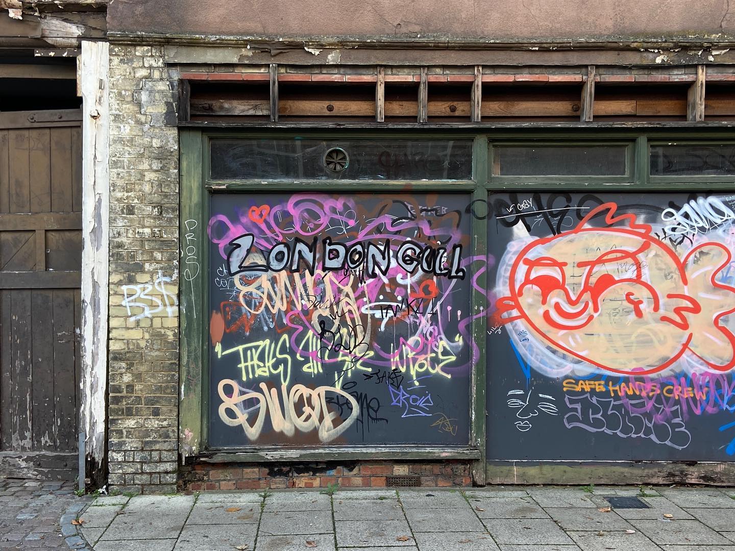 LONDON GULL scrawled on scrawls in pastel rainbow, rotting wall just about supporting