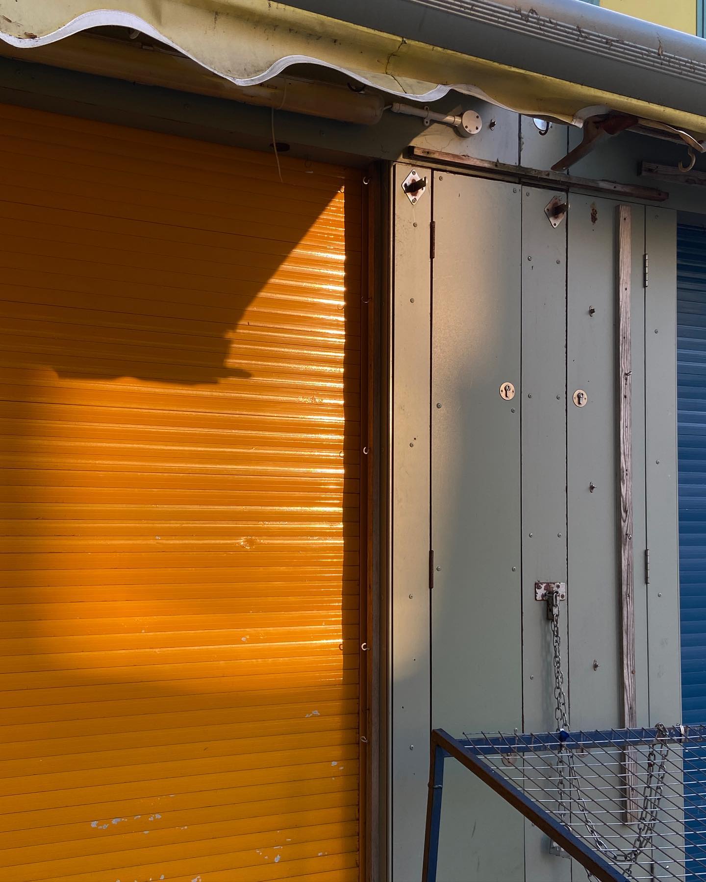 orange sunlight falls on yellow shutter, close perspective. blue shutter to right