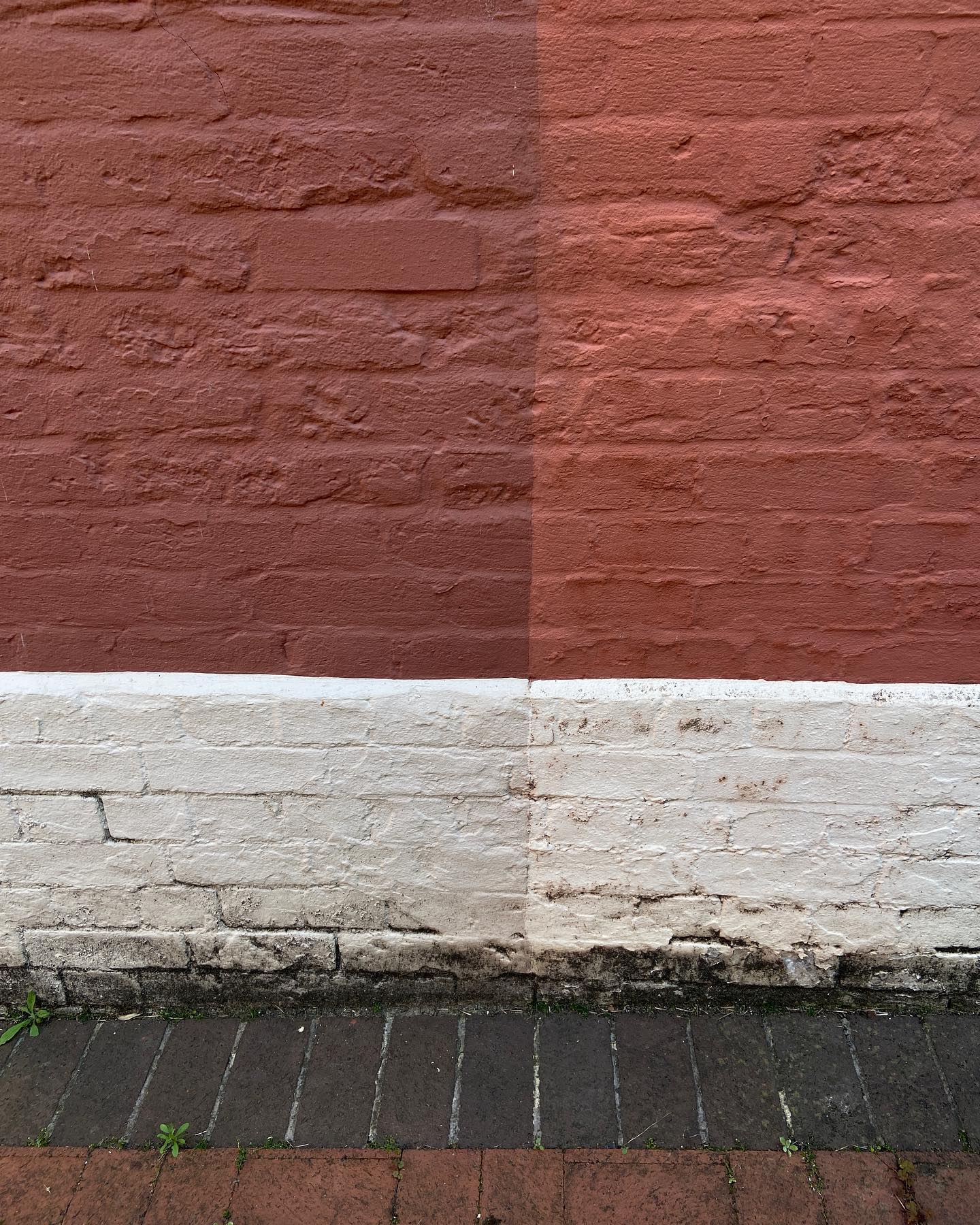 two halves of a whole. fresh red and white on the right, grubby remnants to the left. neatly bisected